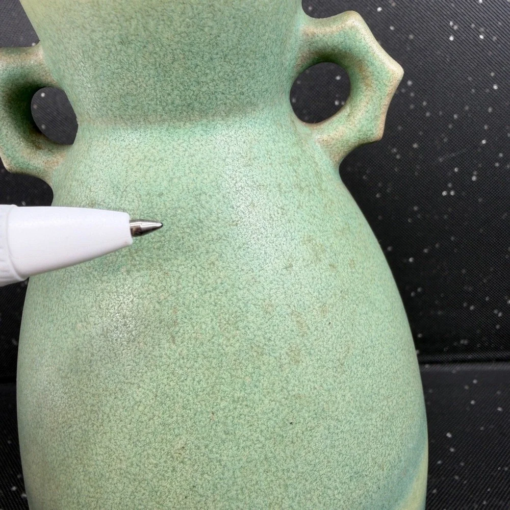 Vintage Matte Green Art Pottery Double Handle Amphora Vase 9 Inch Sage Seafoam